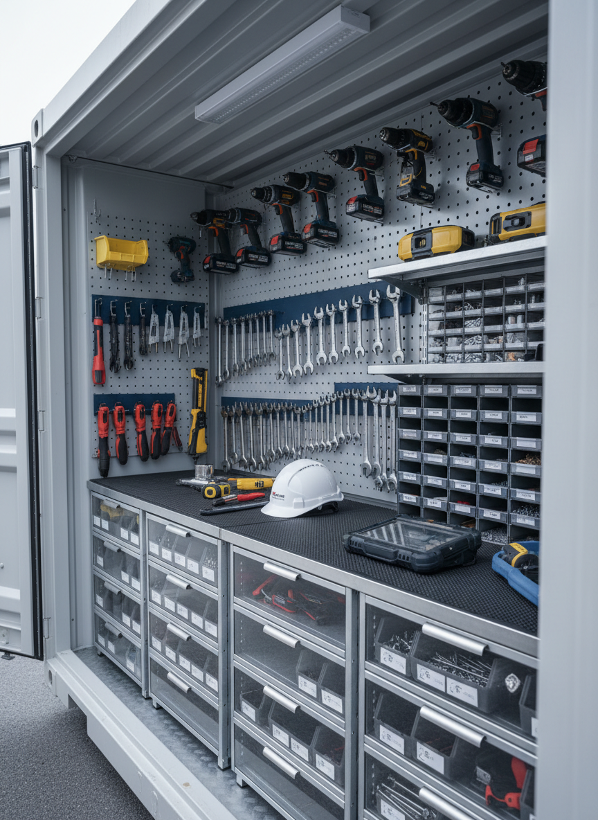 A detailed, photographic image of a meticulously organized construction tool setup inside a partially enclosed site container: neatly hung power drills, gleaming stainless-steel wrenches, laser levels, and labeled storage bins stacked on industrial shelving with clear front panels. The container’s interior walls are clean, light gray metal, reflecting a soft overhead LED strip light that produces even, cool illumination with minimal shadows. On the workbench, a precise arrangement of measuring tapes, a durable hard hat, and a rugged site tablet rests on a clean rubber mat. Shot from eye level with a slight angle to show depth into the container, the composition emphasizes order, care, and readiness. The mood is controlled, efficient, and safety-focused, with a modern, professional photographic realism style that conveys reliability and attention to detail on every project.