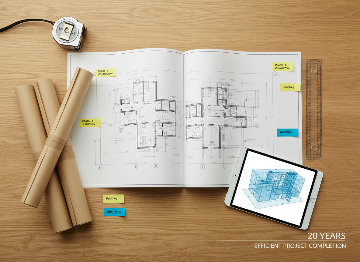 A polished, photographic overhead view of a construction project planning table, featuring neatly arranged rolled blueprints, an open set of detailed architectural drawings, metal measuring tape, precision ruler, and a high-quality digital tablet displaying a 3D building model. The tabletop is smooth, light oak with visible grain, and small labeled sticky markers highlight key project phases. Soft, even studio lighting from above eliminates harsh reflections, creating clear visibility of all lines and annotations. Shadows are gentle and controlled, giving a calm, organized feeling. The composition is carefully balanced with a top-down, flat-lay perspective, emphasizing structure, planning, and reliable quoting. The atmosphere is professional, methodical, and trustworthy, with a clean, modern, photographic realism aesthetic that communicates expertise and 20 years of experience in efficient project completion.