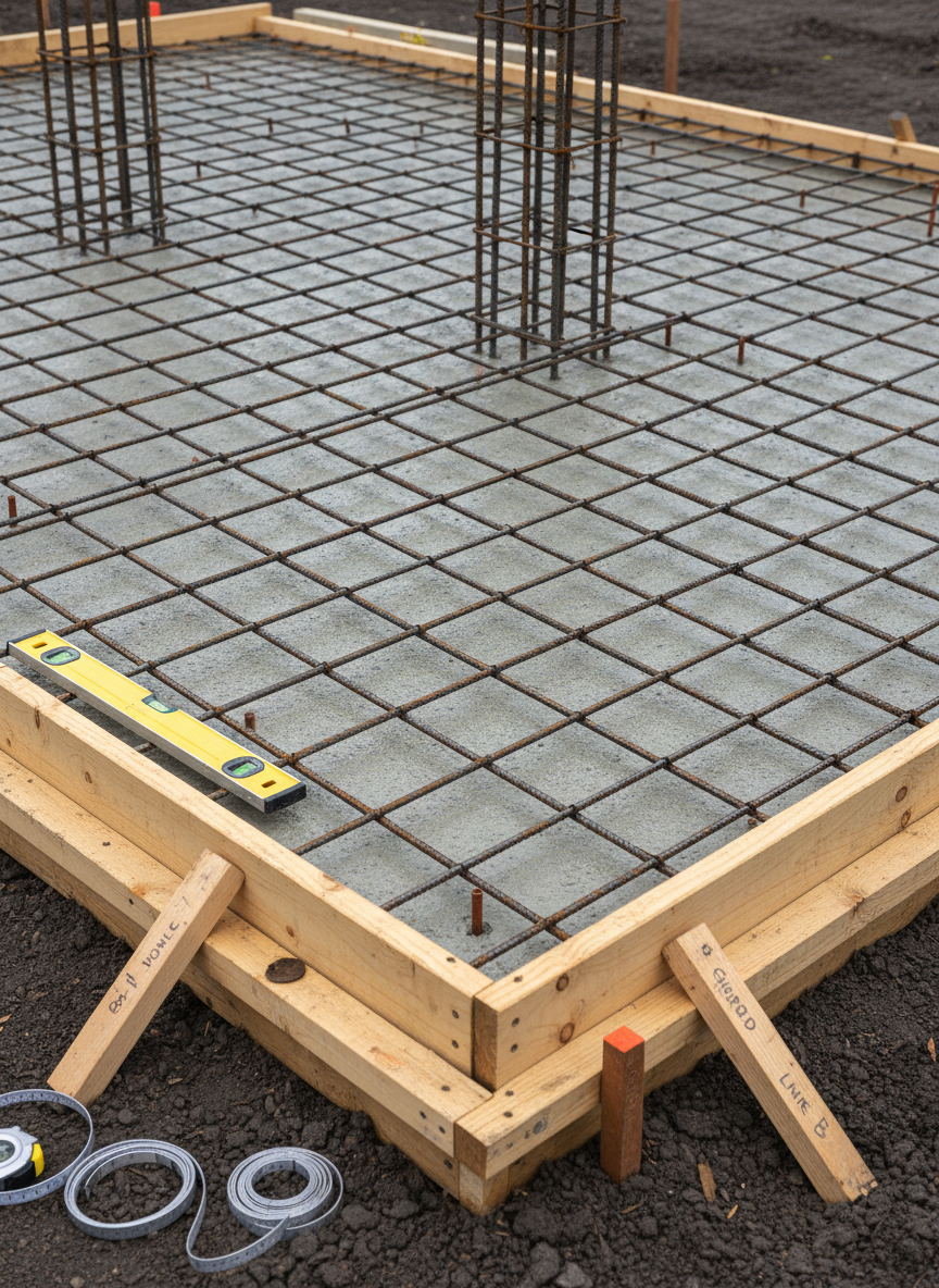 A detailed close-up photographic view of a freshly poured concrete foundation slab with precisely aligned steel rebar grids emerging from the surface, surrounded by clean timber formwork. The concrete has a smooth, slightly damp sheen, with fine aggregate visible in the texture. Around the slab are neatly placed measuring tools, level markers, and labeled stakes driven into compacted soil. Soft overcast daylight creates even, diffused lighting with minimal harsh shadows, emphasizing accuracy and craftsmanship. Captured from a low, angled perspective following the lines of the rebar into the distance, the composition uses leading lines to suggest future growth and structure. The mood is professional, meticulous, and forward-looking, rendered in sharp, photographic realism with a clean, technical aesthetic.