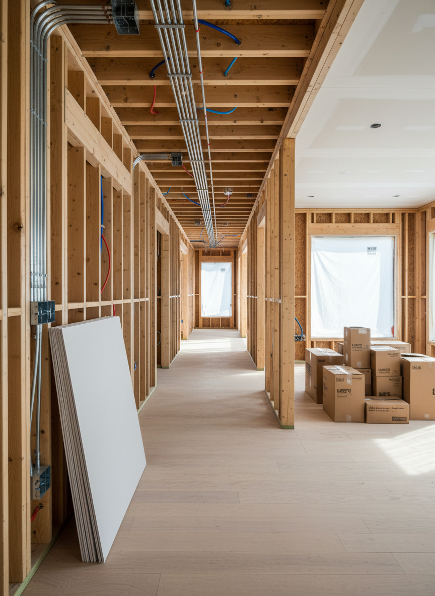 An expansive interior photographic scene of a high-end residential renovation in progress, featuring exposed wooden framing, newly installed electrical conduits, and carefully routed plumbing lines set within pristine stud walls. The subfloor is swept clean, with organized stacks of drywall leaning against a wall and neatly labeled boxes of fixtures arranged nearby. Natural light streams in through large, unglazed window openings, creating soft, directional beams that highlight the warm wood tones and cool metallic pipes, casting gentle, linear shadows on the floor. Shot at eye level with a wide-angle lens, the composition looks down the length of a hallway, emphasizing depth and progress. The atmosphere feels orderly, trustworthy, and expertly managed, with a realistic, modern, professional photographic style.